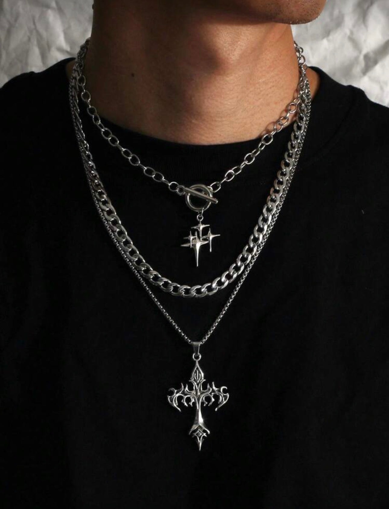 S 3pcs Gothic Style Shining Star Stainless Steel Chain Necklace Set, Including Flame Cross Pendant