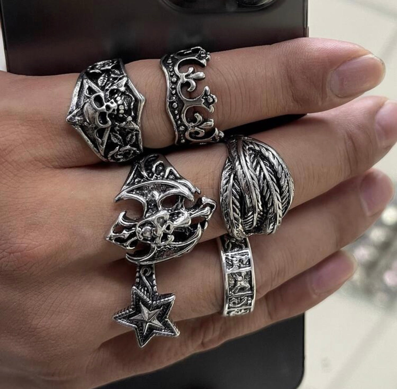 6pcs Adjustable Vintage Silver Punk Open Ring Set, Unisex, Suitable For Stacking, Gothic Skull Snake Star Y2K Boho Style