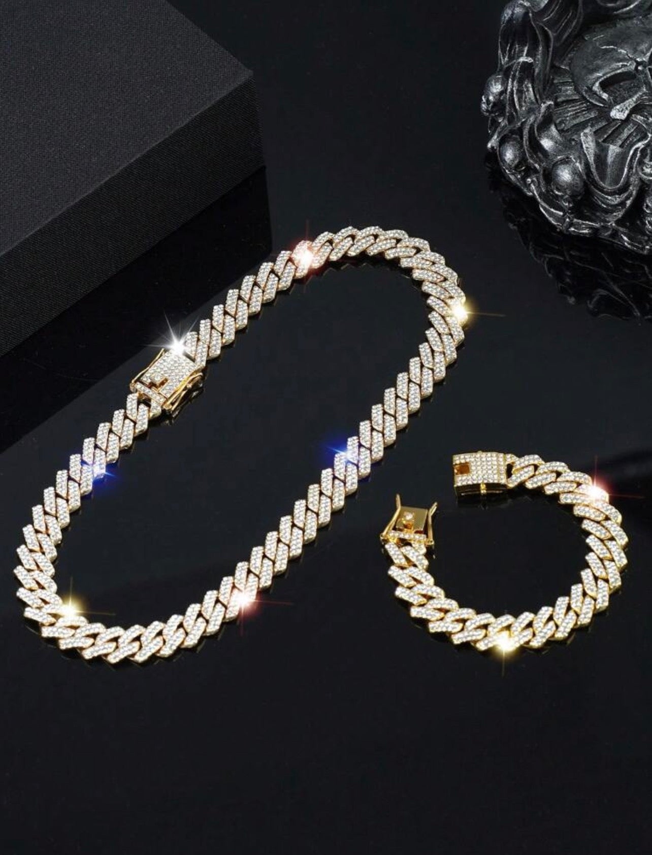 1 Necklace + 1 Bracelet Hip Hop Style Jewelry Set Cuban Chain Design Paved
Blingbling Rhinestone Suitable For Men And Women