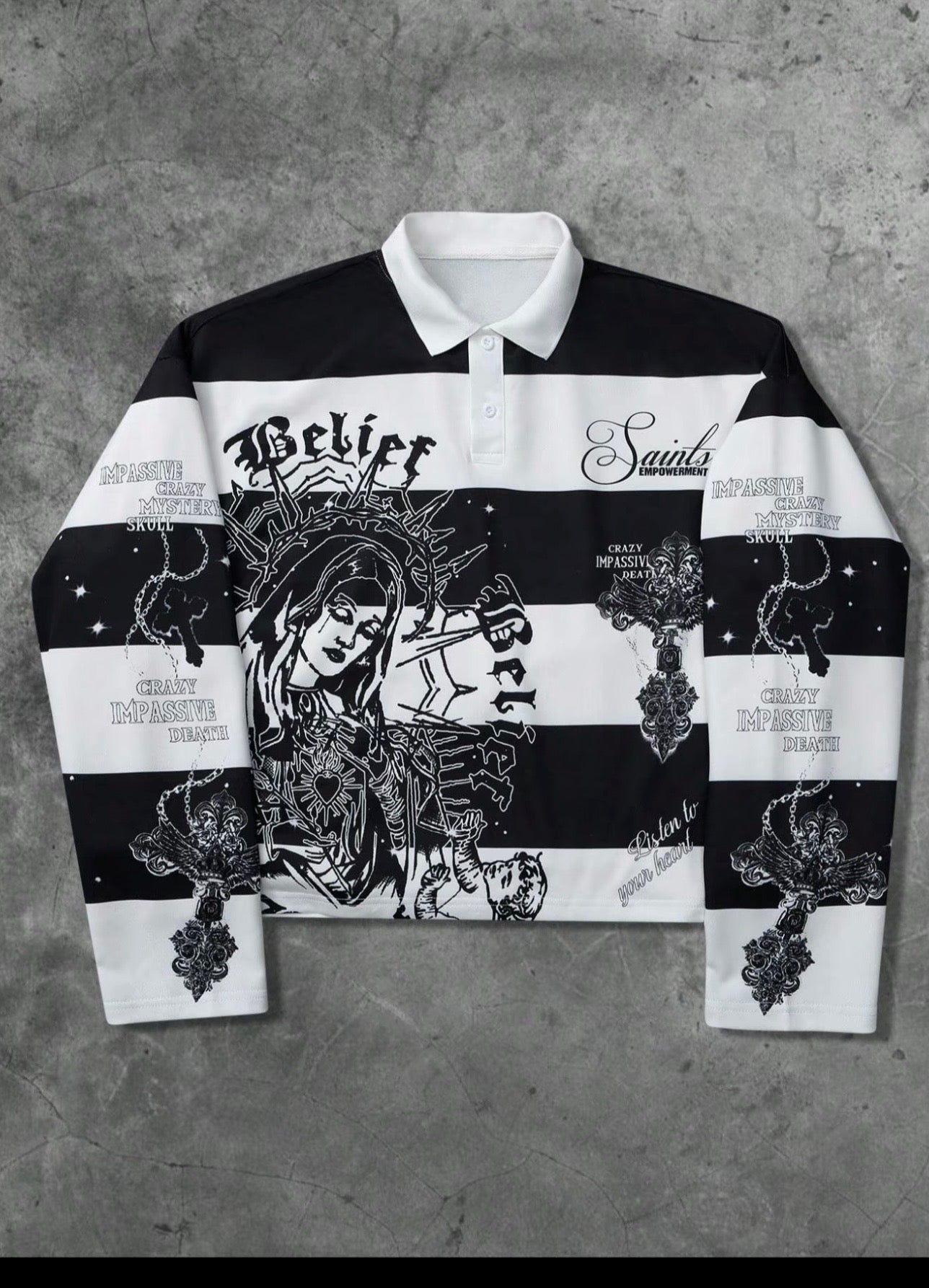 Unisex Y2K Style Virgin Mary & Saints Cross Print Striped Hoodie, Casual Streetwear, Couple, Trendy Pullover, Men's Gift