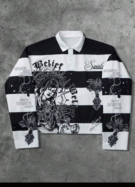 Unisex Y2K Style Virgin Mary & Saints Cross Print Striped Hoodie, Casual Streetwear, Couple, Trendy Pullover, Men's Gift