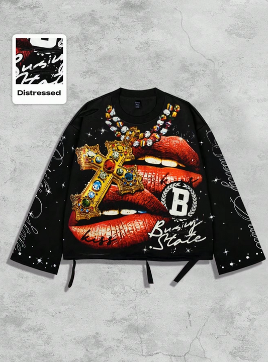 Men's Vintage Street Style Saint Print Long Sleeve Round Neck T-Shirt, Loose-Fitting Short Fit, Fall 2000s Fashion