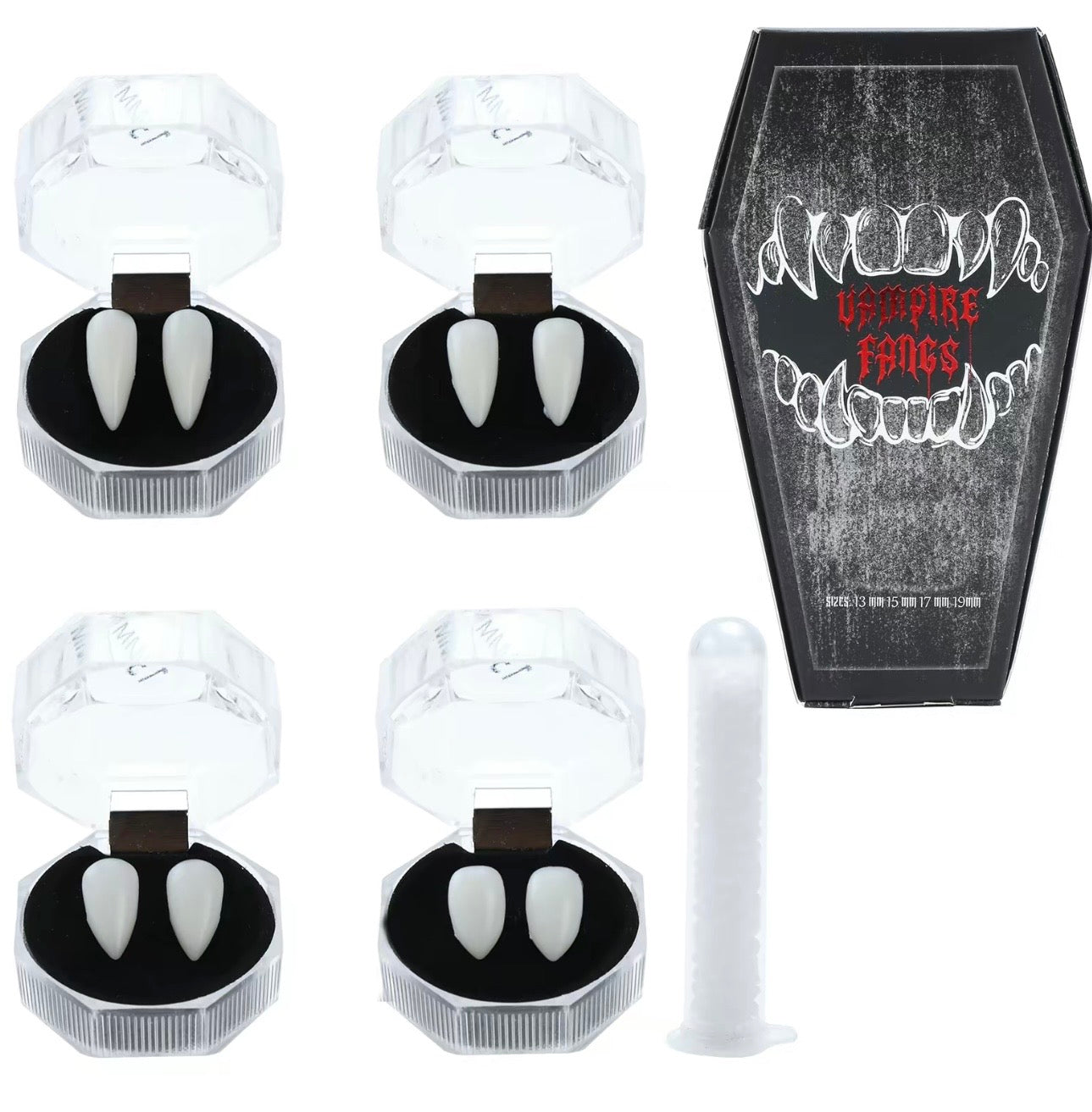 Halloween Vampire Fangs - 4 Pairs 4 Sizes Fake Teeth with Adhesive, Cosplay Party Costume, Coffin Gift Box, Spooky Shape Set, Vegan & Reusable