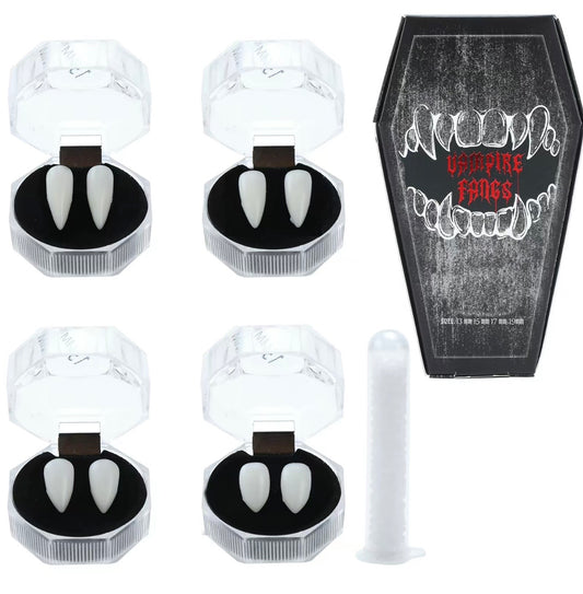 Halloween Vampire Fangs - 4 Pairs 4 Sizes Fake Teeth with Adhesive, Cosplay Party Costume, Coffin Gift Box, Spooky Shape Set, Vegan & Reusable