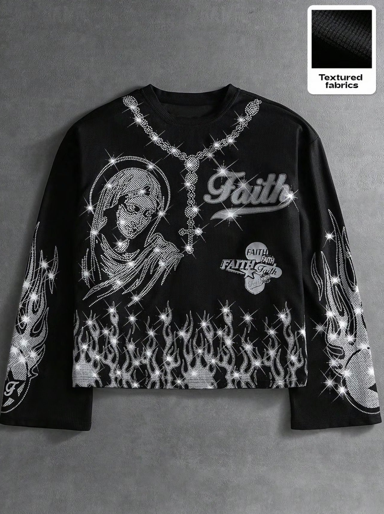Men's Faith Rhinestone Texture Sweatshirt, Street Gothic Style, Shiny Embroidered Design, Perfect for Streetwear, Outdoor, Daily Wear