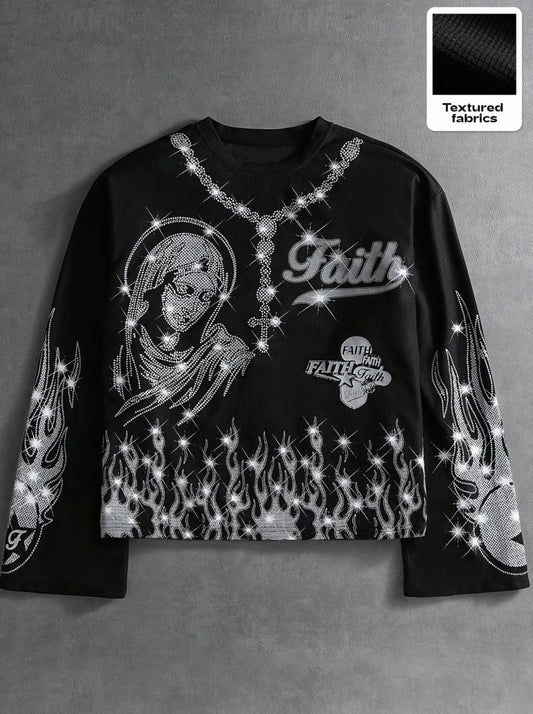 Men's Faith Rhinestone Texture Sweatshirt, Street Gothic Style, Shiny Embroidered Design, Perfect for Streetwear, Outdoor, Daily Wear