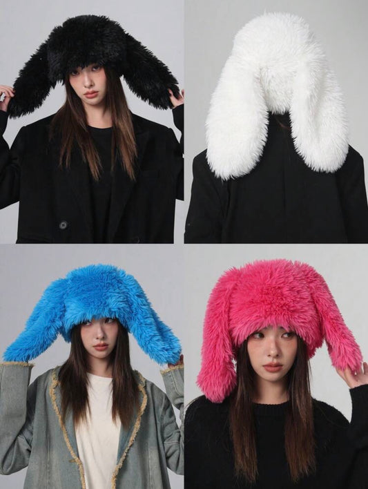 Cute Long Bunny Ear Plush Hat, Warm Ear Protection, Halloween Party Costume, Thickened Fisherman Cap, Fashion Street Accessory