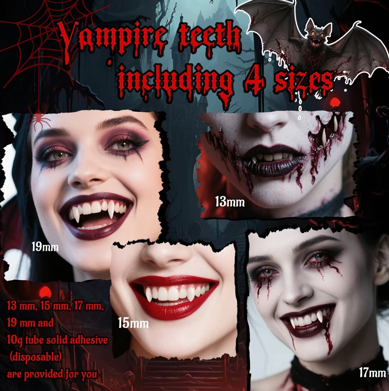 Halloween Vampire Fangs - 4 Pairs 4 Sizes Fake Teeth with Adhesive, Cosplay Party Costume, Coffin Gift Box, Spooky Shape Set, Vegan & Reusable