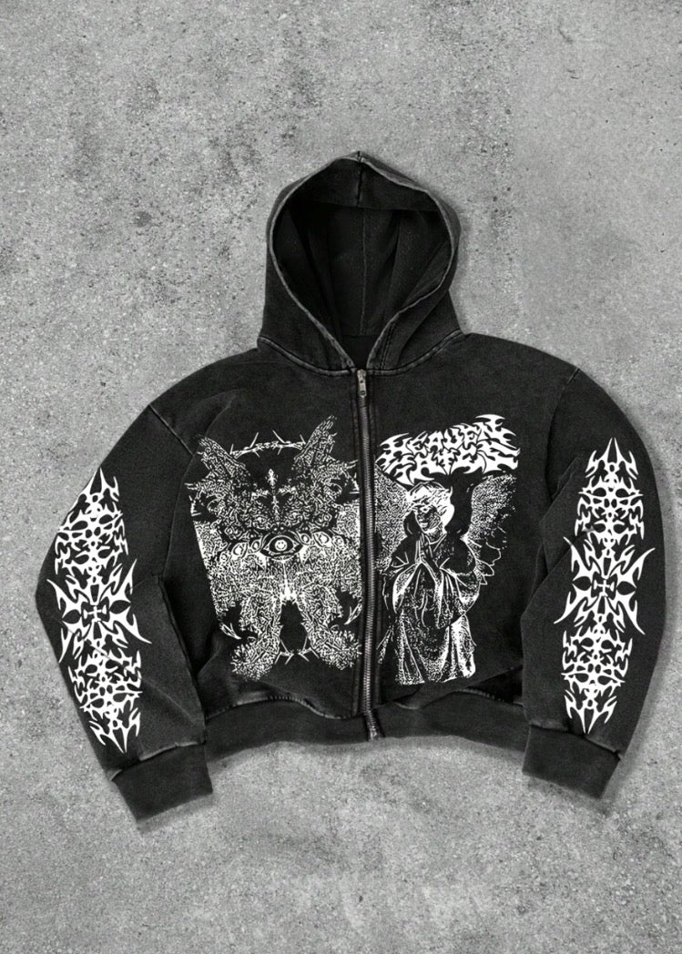 men's street style Heaven's Gate Angel Print Y2K
Retro Style Washed Hooded Zipper Sweatshirt Fashion Trend Casual Men's Tops, Men's Long Sleeve Plush Autumn and Winter Jacket