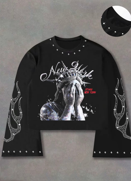 Men's Long Sleeve Pullover Sweatshirt, New York Element & Liberty Print Design, Flame & Rivet Details, Loose Fit Comfortable Wear