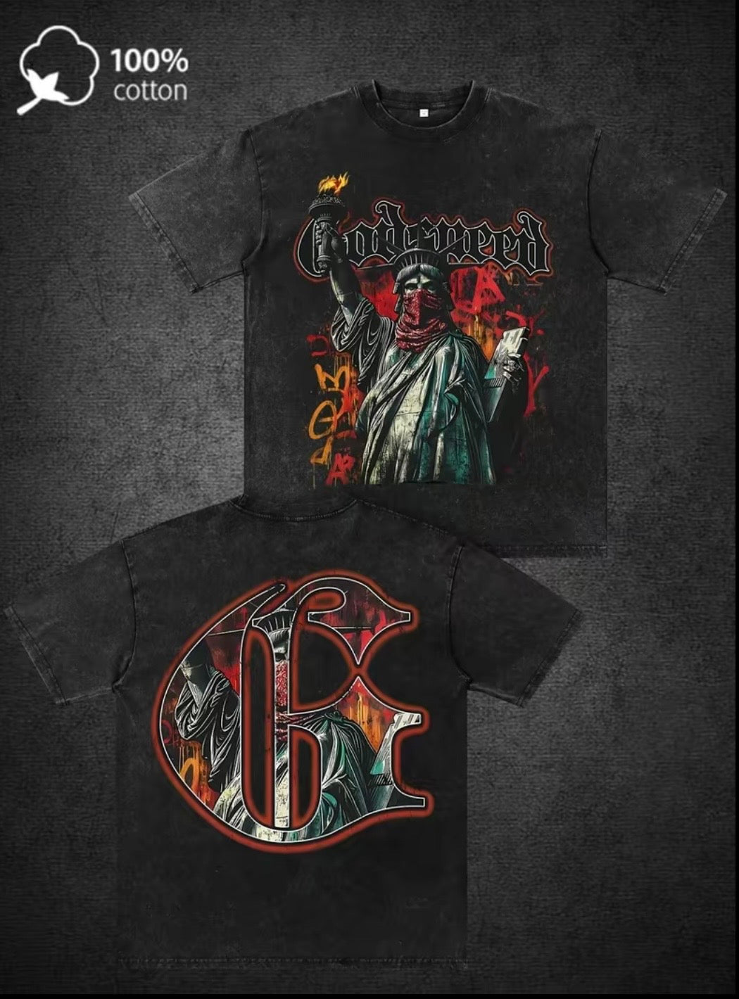 GODSPEED Men's Gothic Graphic Print T-Shirt - 100% Cotton Distressed Washed Streetwear Tee with Drop Shoulder, Loose Fit Y2K Harajuku Style, Machine Washable Casual Summer Top, Heat Transfer Apparel, Bold Logo Design, Durable Stre