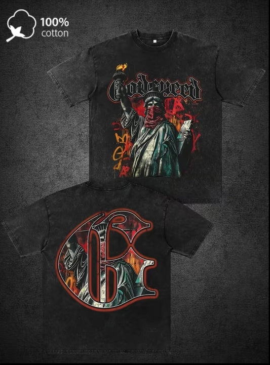 GODSPEED Men's Gothic Graphic Print T-Shirt - 100% Cotton Distressed Washed Streetwear Tee with Drop Shoulder, Loose Fit Y2K Harajuku Style, Machine Washable Casual Summer Top, Heat Transfer Apparel, Bold Logo Design, Durable Stre