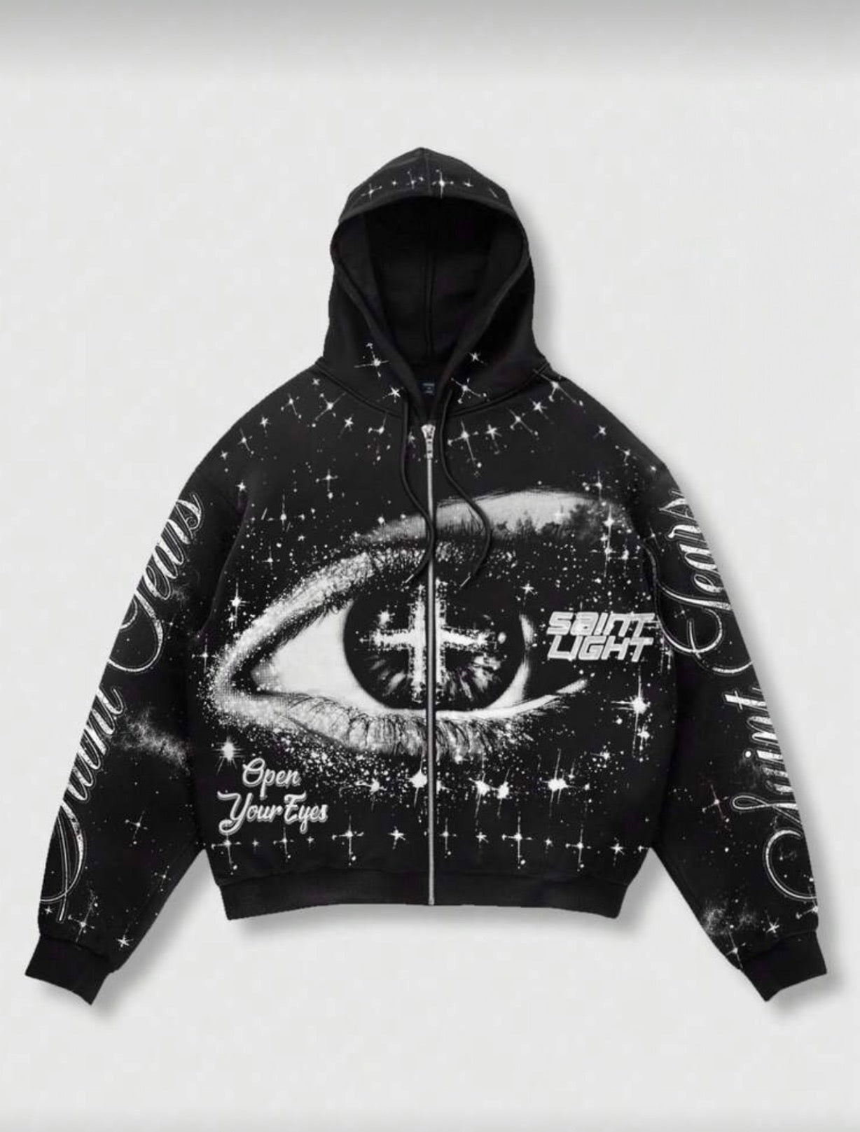 Street Life Men's Letter
& Eye Print Zip-Up Hoodie With Thermal Lined, Autumn/Winter