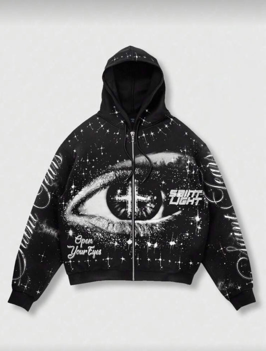 Street Life Men's Letter
& Eye Print Zip-Up Hoodie With Thermal Lined, Autumn/Winter