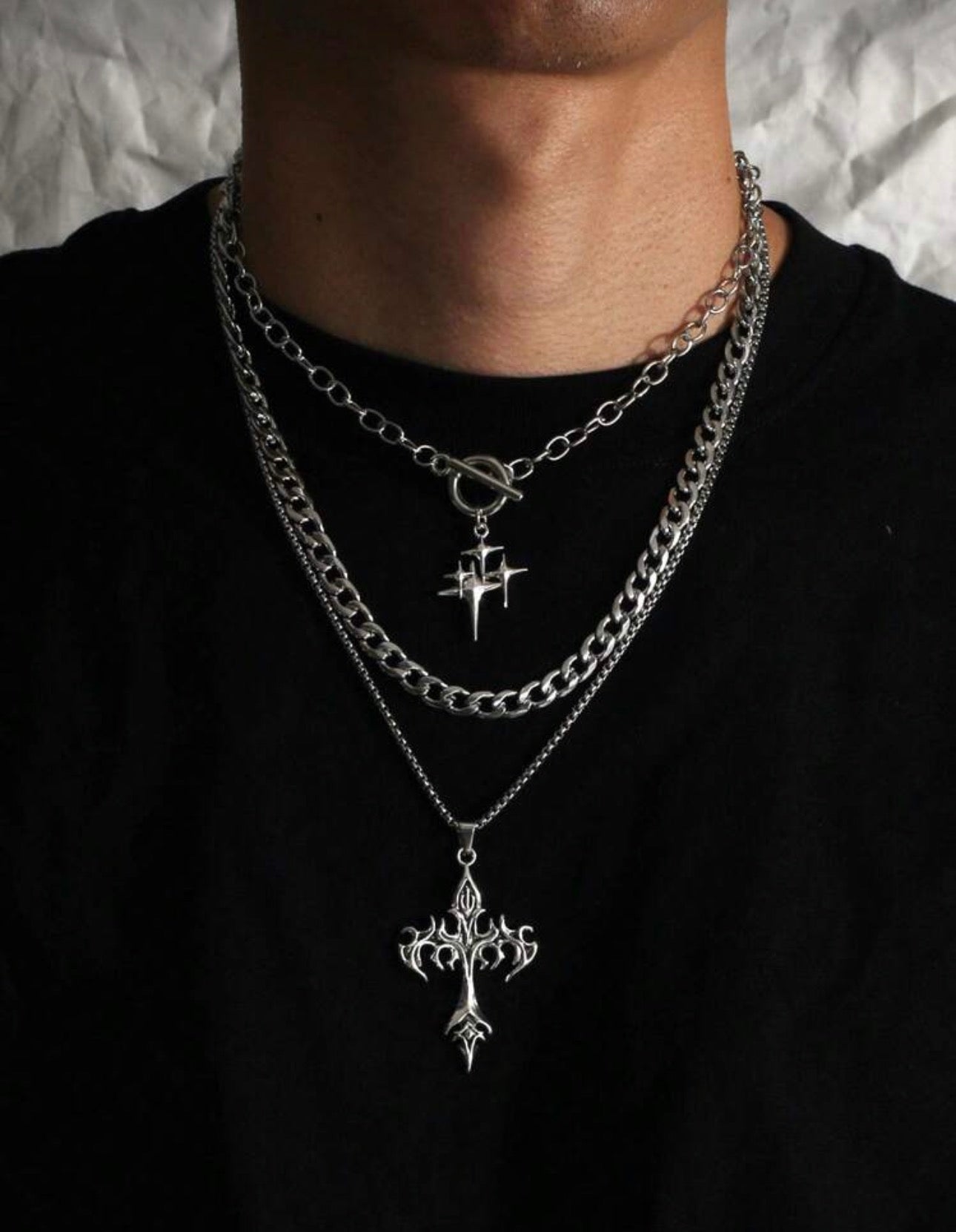 S 3pcs Gothic Style Shining Star Stainless Steel Chain Necklace Set, Including Flame Cross Pendant