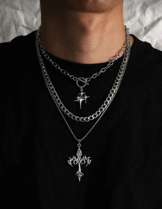 S 3pcs Gothic Style Shining Star Stainless Steel Chain Necklace Set, Including Flame Cross Pendant