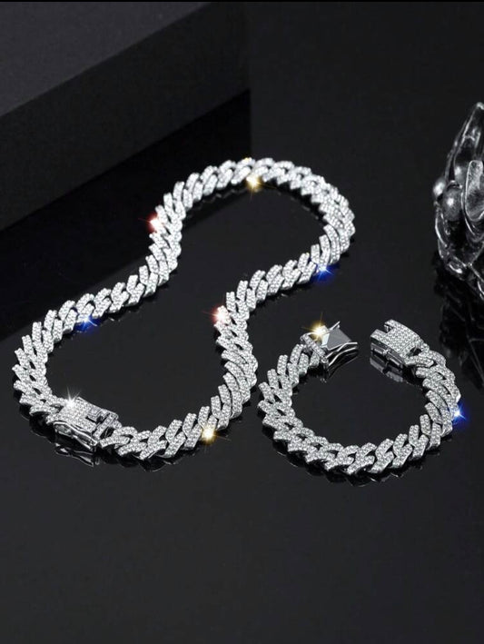 1 Necklace + 1 Bracelet Hip Hop Style Jewelry Set Cuban Chain Design Paved
Blingbling Rhinestone Suitable For Men And Women